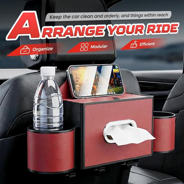 3-in-1 Car Backseat Organizer with Cup Holder, Tissue Box, Trash Bin & Hooks,Multifunctional Back Seat Car Organizer for Hold Phones, Snacks, Drinks, and Handbags (A-Orange)