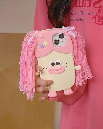 Case Compatible with iPhone 15 Pro Max,Cute 3D Kawaii Funny Braided Sausage Mouth Girl Pink Cartoon Cover with Keychain Soft Silicone Gel Drop Protector Women Girls