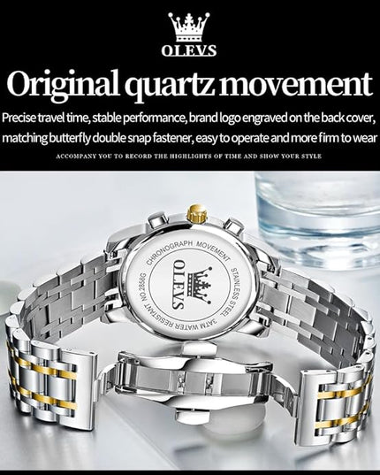 OLEVS Men's Luxury Watch Waterproof Luminous Easy Read Chronograph Watches Full Gold/White Dail/Black Face with Calendar Wristwatch