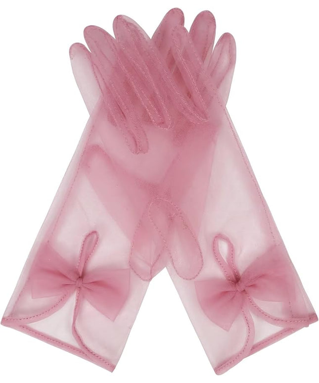 QRBTSCL Women's Short Tea Party Gloves Tulle Gloves with Bowknot Mesh Glove Wedding Bridesmaids Evening Party Glove