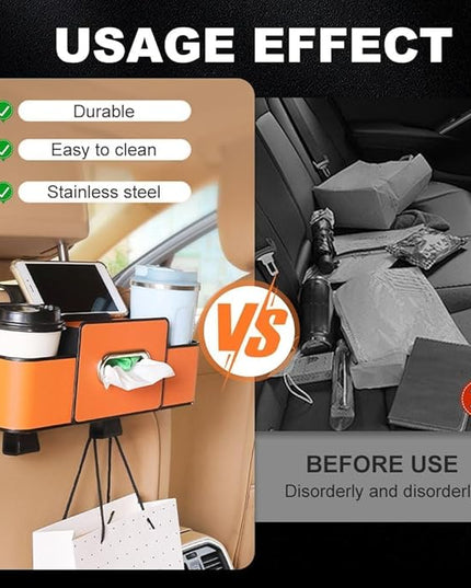 4 in 1 Car Organizers and Storage Box,2026 Upgraded Multifunctional Car Organizers with Tissue Boxs and Hook, Drink Holder for Car (Beige)