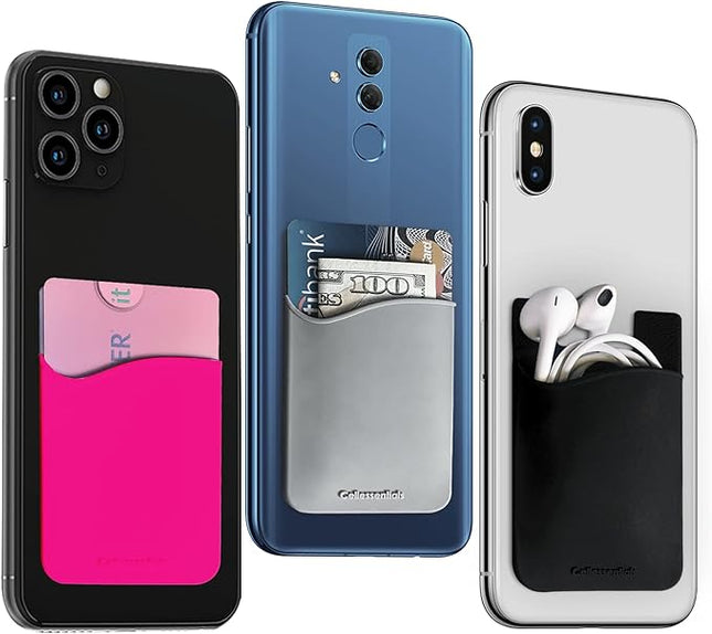 USA Merchant Redesigned Card Holder - Silicone Stick on Cell Phone Wallet with Pocket for Credit Card ID Business Card - iPhone Android & Smartphones (White, Grey, Pink, Black, Navy)