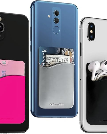 USA Merchant Card Holder for Back of Phone - Silicone Stick on Cell Phone Wallet for Credit Card, ID, Business Card - iPhone, Android and Most Smartphones - 3 Pack (Black,Pink,Grey)