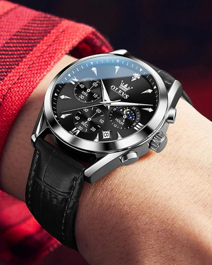 OLEVS Men's Watches Leather Strap Analog Quartz Watch, Fashion Big Dial Date Waterproof Watch, Dress Luxury Luminous Men Watches