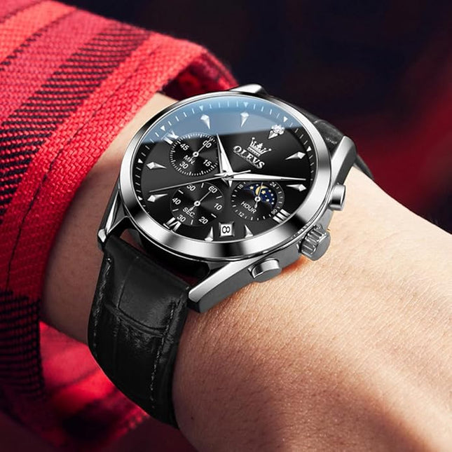 OLEVS Men's Watches Leather Strap Analog Quartz Watch, Fashion Big Dial Date Waterproof Watch, Dress Luxury Luminous Men Watches