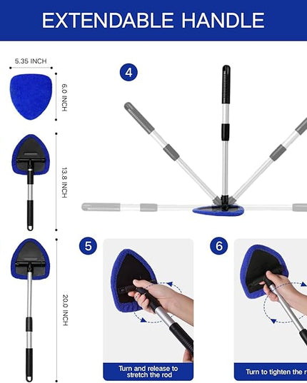 11pcs Windshield Cleaner Tool, Car Window Cleaning Wash Kit with 6 Reusable Microfiber Pads 2 Spray Bottles and Extendable Handles Auto Glass Wiper Kit, Blue