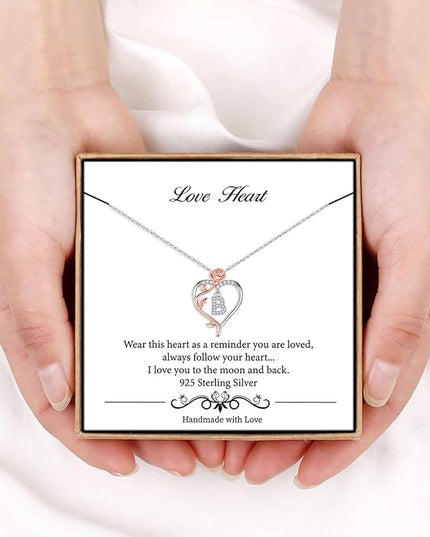 Iefil Christmas Gifts for Women Wife - 925 Sterling Silver Rose Heart Initial Necklace, Anniversary Birthday Gifts for Women, Jewelry Gift for Her Wife Girlfriend Mom Daughter