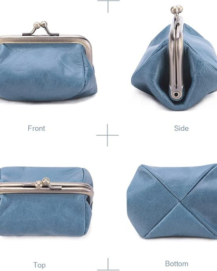Plinvo Mini Genuine Leather Coin Purse for Women Vintage Kiss Lock Change Organizer Blue (Blue)