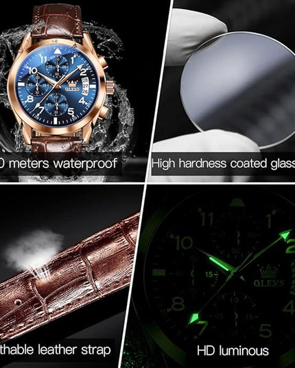 OLEVS Men's Watches Leather Strap Analog Quartz Watch, Fashion Big Dial Date Waterproof Watch, Dress Luxury Luminous Men Watches