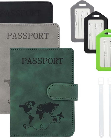 JIABEIUS 3pcs Passport Holder with 3pcs Luggage Tags, Pu Leather Travel Passport Cover, Waterproof Travel Wallet with RFID Blocker for Credit Cards, Cash, Boarding Passes Women Men