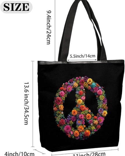 Pardick Canvas Tote Bags, Peace Symbol Flower Tote Bag Eco Friendly Reusable Grocery Shopping Bagsfor Beach, Books, Women with Zipper Inner Pocket