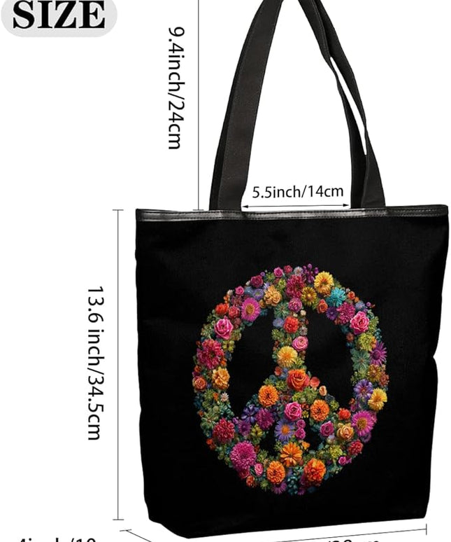 Pardick Canvas Tote Bags, Peace Symbol Flower Tote Bag Eco Friendly Reusable Grocery Shopping Bagsfor Beach, Books, Women with Zipper Inner Pocket