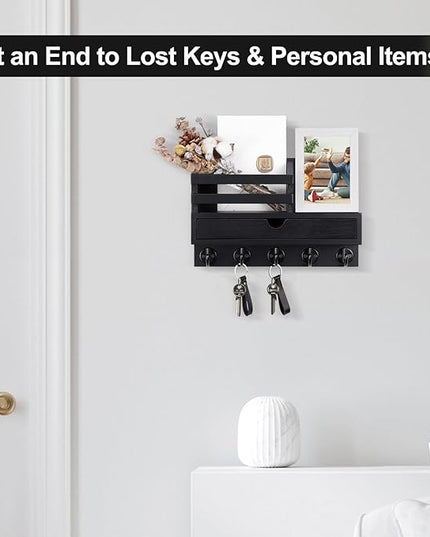 Lucundm Key Holder Wall Mount, Mail Holder with Storage Drawer and 5 Key Hooks for Coat, Dog Leash, Home Decor Rack, House Accessories, Entry Way Organizer