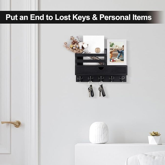 Lucundm Key Holder Wall Mount, Mail Holder with Storage Drawer and 5 Key Hooks for Coat, Dog Leash, Home Decor Rack, House Accessories, Entry Way Organizer