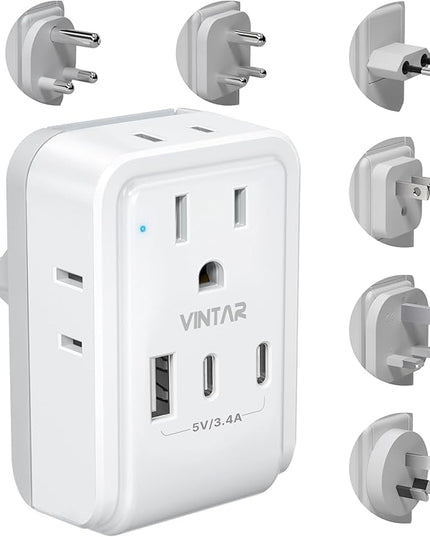VINTAR Universal Travel Adapter Kit, International Power Adapter with 3 USB Ports (2 USB C) 4 AC Outlets, Type A,C,G,D,I,M Detachable Attachments, Travel Adapter Worldwide for US/EU/UK/India/Africa