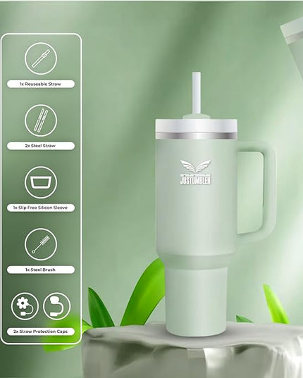 40 Oz Insulated Tumbler with Handle and Straw, Stainless Steel Coffee Travel Mug with Lid, Leak Proof Water Bottle with Accessories, Matcha Cream
