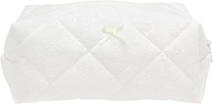 PAZIMIIK Cozy Makeup Bag Travel Cosmetic Bag for Women Soft Toiletry Bag Aesthetic Makeup Organizer Portable Large Zipper Pouch for Skincare Beauty Accessories Brushes Embroidery White