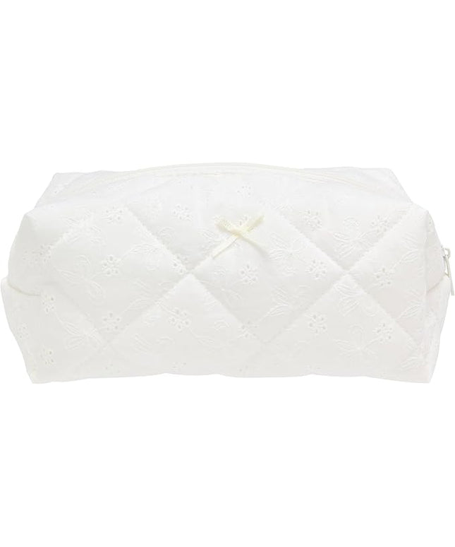 PAZIMIIK Cozy Makeup Bag Travel Cosmetic Bag for Women Soft Toiletry Bag Aesthetic Makeup Organizer Portable Large Zipper Pouch for Skincare Beauty Accessories Brushes Embroidery White