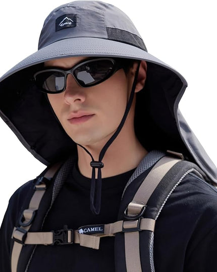 Rosoz Outdoor Sun Hat for Men Women, UPF50+ Protection Safari Cap Wide Brim Mesh Fishing Hat with Neck Flap Beach Garden
