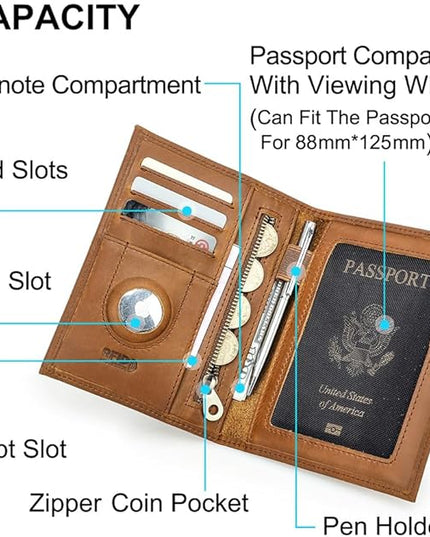 CONTACTS Full Grain Leather Passport Holder RFID Blocking Travel Passport Wallet Compatible with Airtag for Men and Women Passport Cover Case with 4 Cards Slots, Coin Pocket (Badge, Camel Brown)