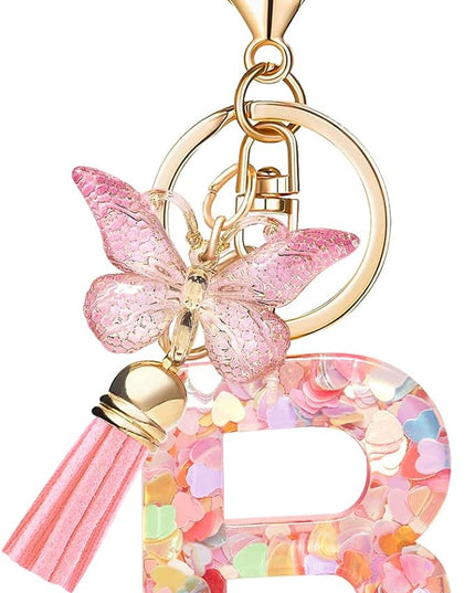 Fashion Alphabet Initial Letter Keychain Tassel Butterfly Pendant Key Ring for Purse Handbags Women Girl