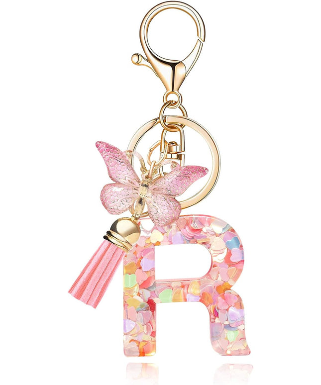 Fashion Alphabet Initial Letter Keychain Tassel Butterfly Pendant Key Ring for Purse Handbags Women Girl