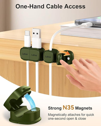 6 Pack Magnetic Cable Clips [1s Open/Lock], Laitver Cord Organizer Holder Strong Adhesive Desk Cable Management- Organize Charging Cords Neatly for Home, Office, Car,Desk, Nightstand-Deep Green