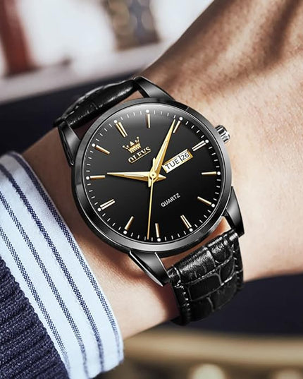 OLEVS Watches for Men Brown Leather Gold Case Analog Quartz Fashion Business Dress Watch Day Date Luminous Waterproof Casual Male Wrist Watches