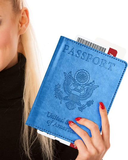 Eoehro Unisex-Adult Passport and Vaccine Card Holder Combo, Sky Blue, Faux Leather, RFID Protected