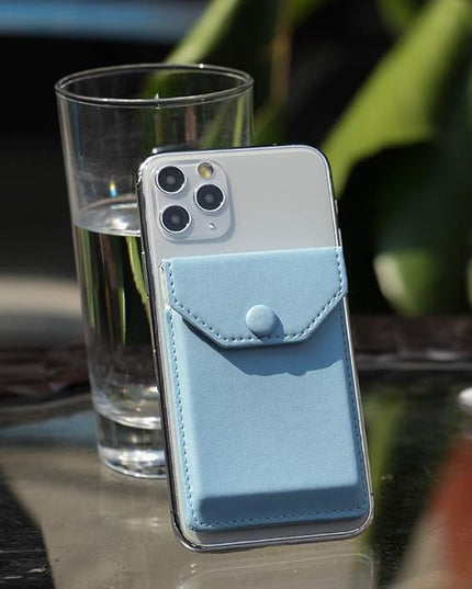 Self Adhesive Cell Phone Leather Wallet Stick On Card Holder fits Most Credit Card Holder Pocket Wallet for Men Women - RFID Blocking Sleeve Covers Light Blue