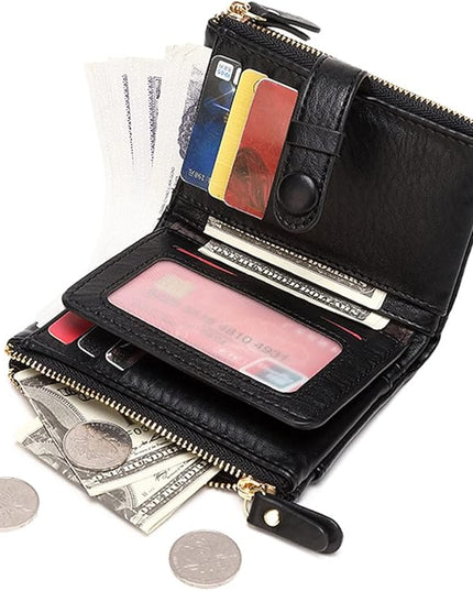 AOXONEL Women's Wallets Leather Wallets for Women Rfid Small Ladies Wallet Billfolds for Women,Trifold Mini Wallets for Women with Double Zipper Coin Pocket (Black)