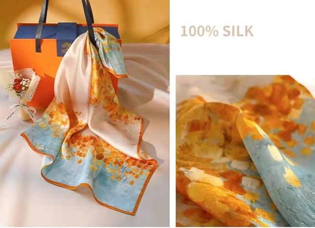 ANDANTINO 100% Real Mulberry Silk Scarf -21'' x 21''- Lightweight Neckerchief –Women Men Small Square Digital Printed Scarves