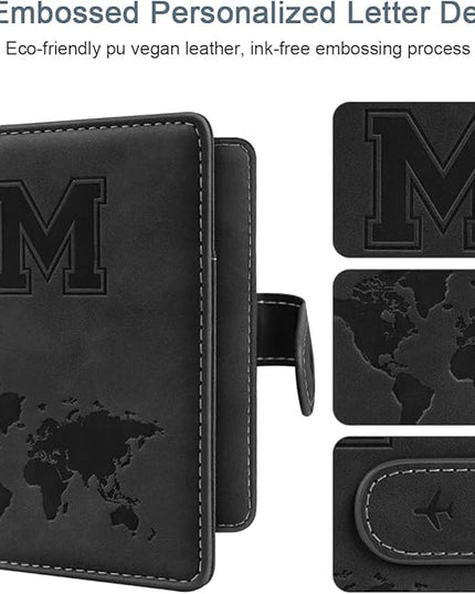 Passport Holder Wallet Cover Personalized Letter A-Z Travel Wallet RFID Blocking Passport Cover Wallet Case for Travel Passport Book Holders for Women and Men, Black-M