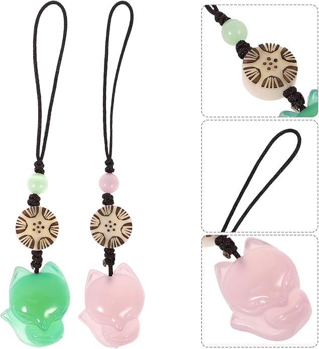 Beaupretty 2 pcs Jade Fox Charm Pendants for Phone Bag Keychain Green and Pink Mobile Phone Decor Accessories with Unique Fox Design Stylish and Adornments for Keys and Handbags