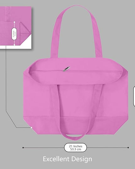 TOPDesign 1-Pack Canvas Tote Bag with an External Pocket, Reusable Grocery Shopping Bag, Top Zipper Closure, Daily Essentials (Light Purple)