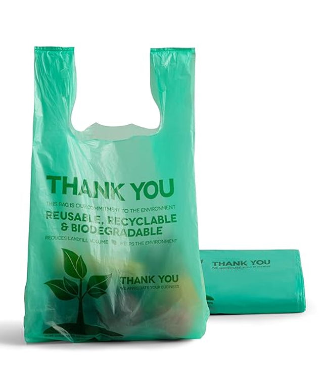 FMP Brands Eco Biodegradable Plastic Grocery Bags - 100 Count with Handles, Thank You T-Shirt Shopping Bags Bulk for Small Business, Restaurant, Groceries, Supermarket