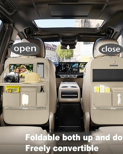 GMQ Back Seat Car Organizer 1 Pack,Backseat Organizer with Tray,Multifunctional Car Seat Back Storage Box with Foldable Tablet Holder (Beige, Plain weave)