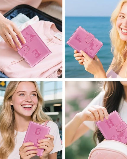Passport Holder Cover Initail Letter A-Z Travel Wallet Embossed Design RFID Blocking Card Holder Personalized Gift Passport Cover Wallet, Passport Book Holders for Women and Girls, Pink-E