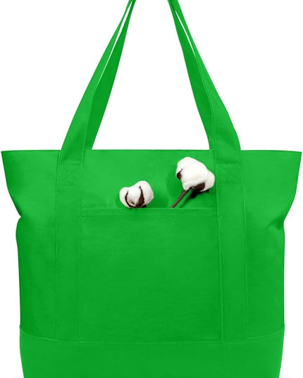 TOPDesign 1-Pack Canvas Tote Bag with an External Pocket, Reusable Grocery Shopping Bag, Top Zipper Closure, Daily Essentials (Lime Green)