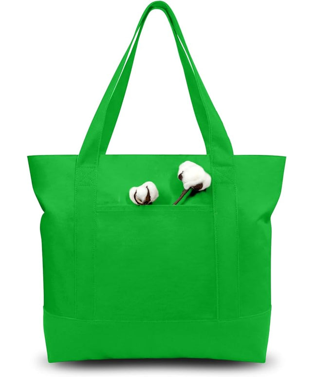 TOPDesign 1-Pack Canvas Tote Bag with an External Pocket, Reusable Grocery Shopping Bag, Top Zipper Closure, Daily Essentials (Lime Green)