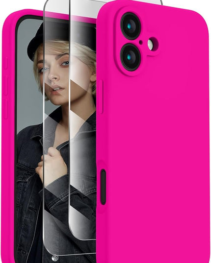 FireNova Designed for iPhone 16 Case, Silicone Upgraded [Camera Protection] Phone Case with [2 Screen Protectors], Soft Anti-Scratch Microfiber Lining Inside, 6.1 inch, Hot Pink