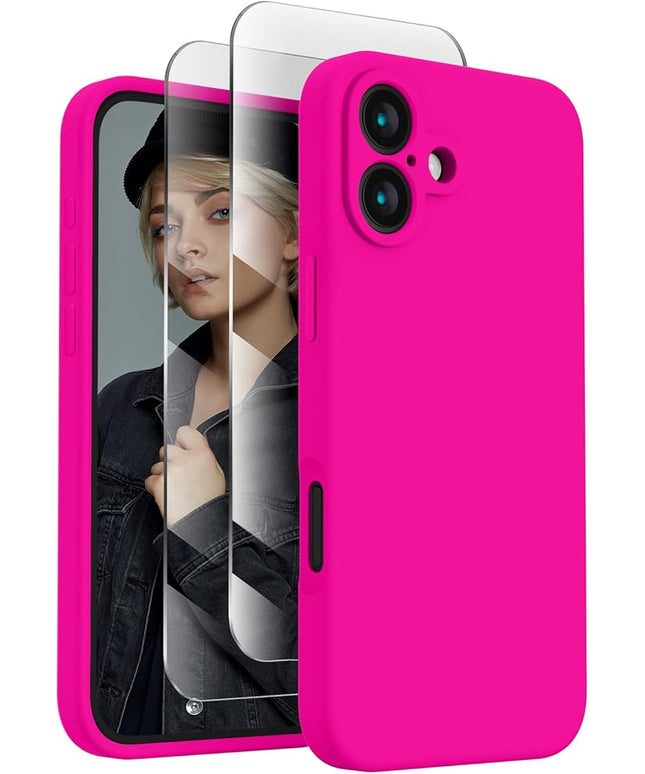 FireNova Designed for iPhone 16 Case, Silicone Upgraded [Camera Protection] Phone Case with [2 Screen Protectors], Soft Anti-Scratch Microfiber Lining Inside, 6.1 inch, Hot Pink