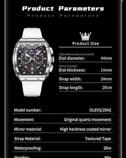 OLEVS Watches for Men Casual Luxury Large Face Multifunctional Chronograph Men's Watches Durable Silicone/Nylon Strap 3ATM Waterproof Men Watch Date Moon Phase Analog Quartz Watch Reloj para Hombre