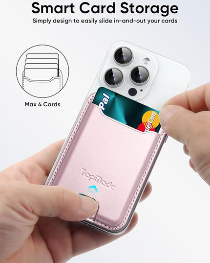 TopMade Phone Card Holder, Premium Leather Phone Wallet Stick on, Stronger 3M Adhesive Credit Card Holder for Back of Phone Case, iPhone, Samsung, and Android, RFID Blocking, Fit 4 Cards, Rose Gold