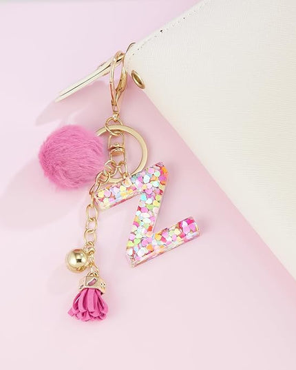 Resin Alphabet Initial Letter Keychain Keyring for Women Purse Handbags With Fur Ball Pom