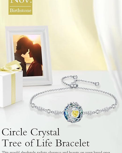 TOUPOP Tree of Life Birthstone Bracelet 925 Sterling Silver Family Tree Austrian Crystal Jewelry Anniversary Birthday Christmas Gifts for Women Wife Girlfriend Her