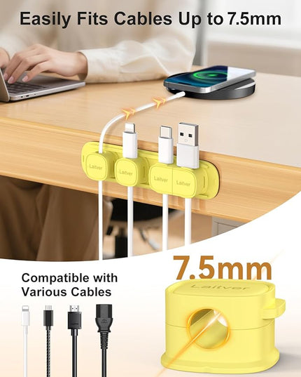 6 Pack Magnetic Cable Clips [1s Open/Lock], Laitver Cord Organizer Holder Strong Adhesive Desk Cable Management- Organize Charging Cords Neatly for Home, Office, Car,Desk, Nightstand-Cream Yellow
