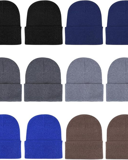 ZH 12-Pack Knitted Winter Beanie Hats for Men and Women, Warm and Cozy Cuffed Skull Caps, Bulk Purchase