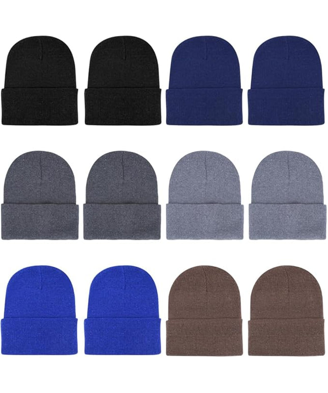 ZH 12-Pack Knitted Winter Beanie Hats for Men and Women, Warm and Cozy Cuffed Skull Caps, Bulk Purchase