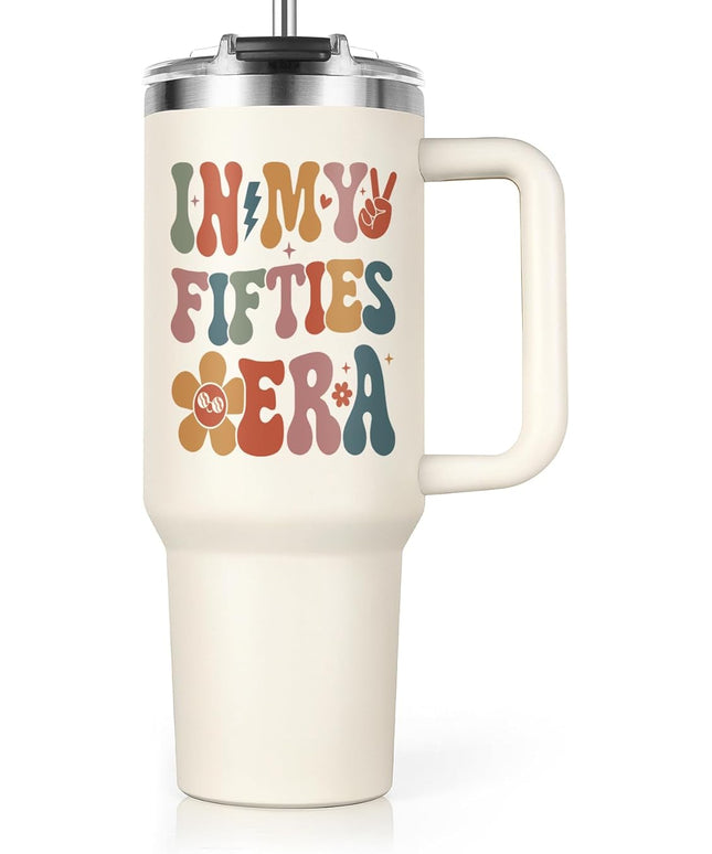 Shqiueos 50th Birthday Gifts for Her 40oz Tumbler with Handle and Straw Lid, 50 Year Old Gifts for Women, Mom, Wife, Sister, Friend, 50s Birthday Decoration-In My Fifties Era Cup Water Bottle